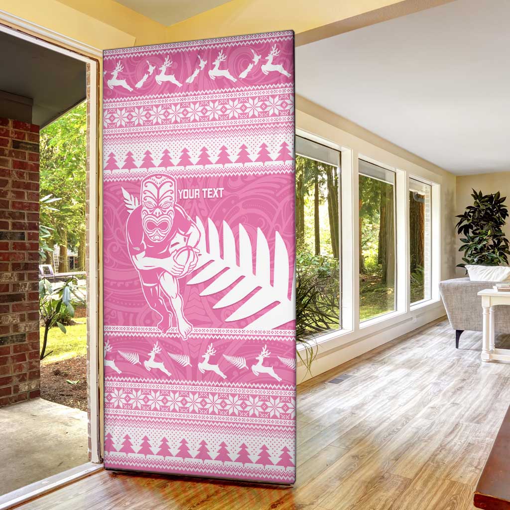 New Zealand Christmas Rugby Personalised Door Cover Meri Kirihimete All Black Maori Pink Version - Polynesian Pride