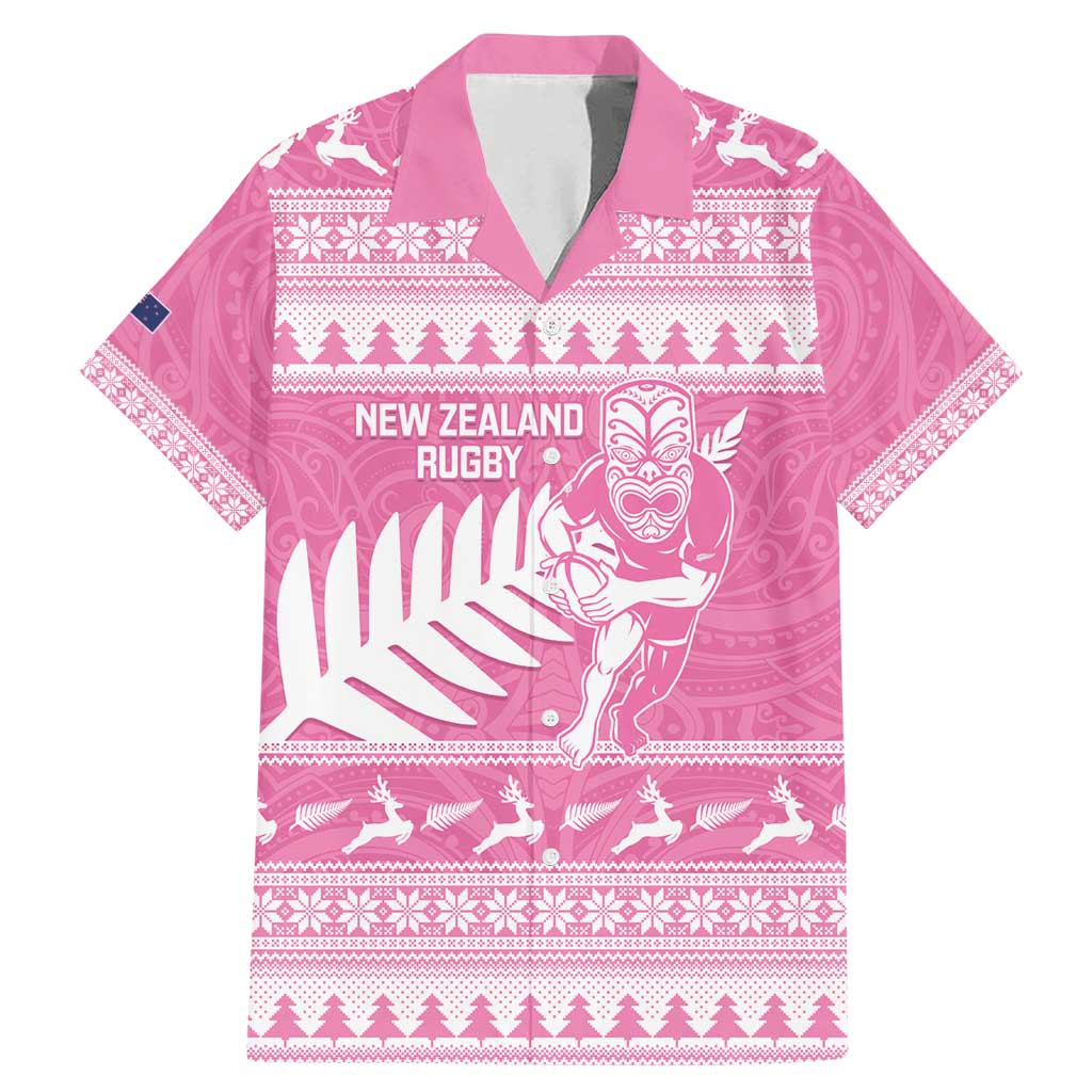 New Zealand Christmas Rugby Personalised Family Matching Mermaid Dress and Hawaiian Shirt Meri Kirihimete All Black Maori Pink Version - Polynesian Pride