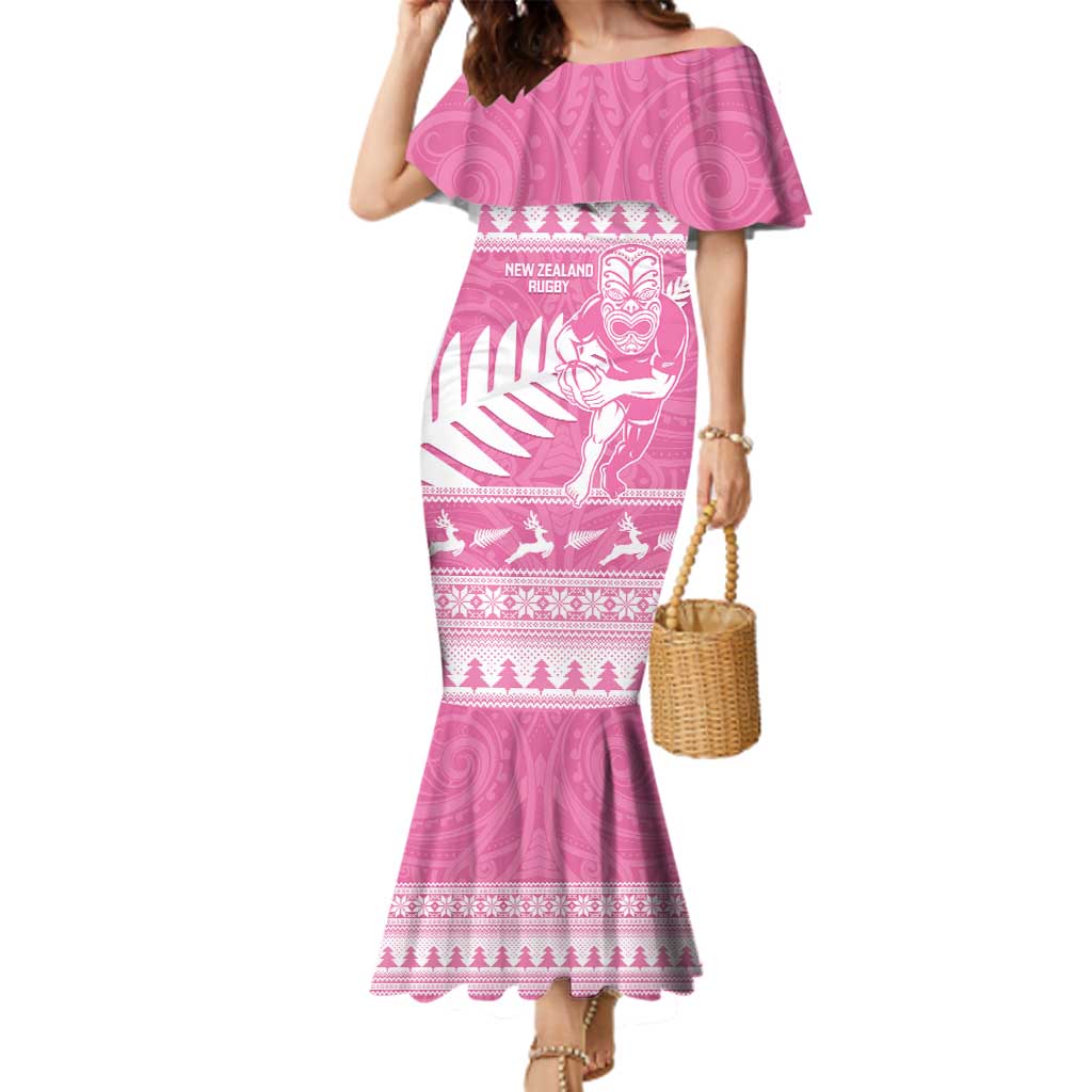 New Zealand Christmas Rugby Personalised Family Matching Mermaid Dress and Hawaiian Shirt Meri Kirihimete All Black Maori Pink Version - Polynesian Pride
