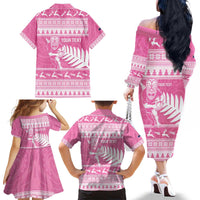 New Zealand Christmas Rugby Personalised Family Matching Off The Shoulder Long Sleeve Dress and Hawaiian Shirt Meri Kirihimete All Black Maori Pink Version - Polynesian Pride