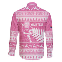 New Zealand Christmas Rugby Personalised Family Matching Off The Shoulder Long Sleeve Dress and Hawaiian Shirt Meri Kirihimete All Black Maori Pink Version - Polynesian Pride