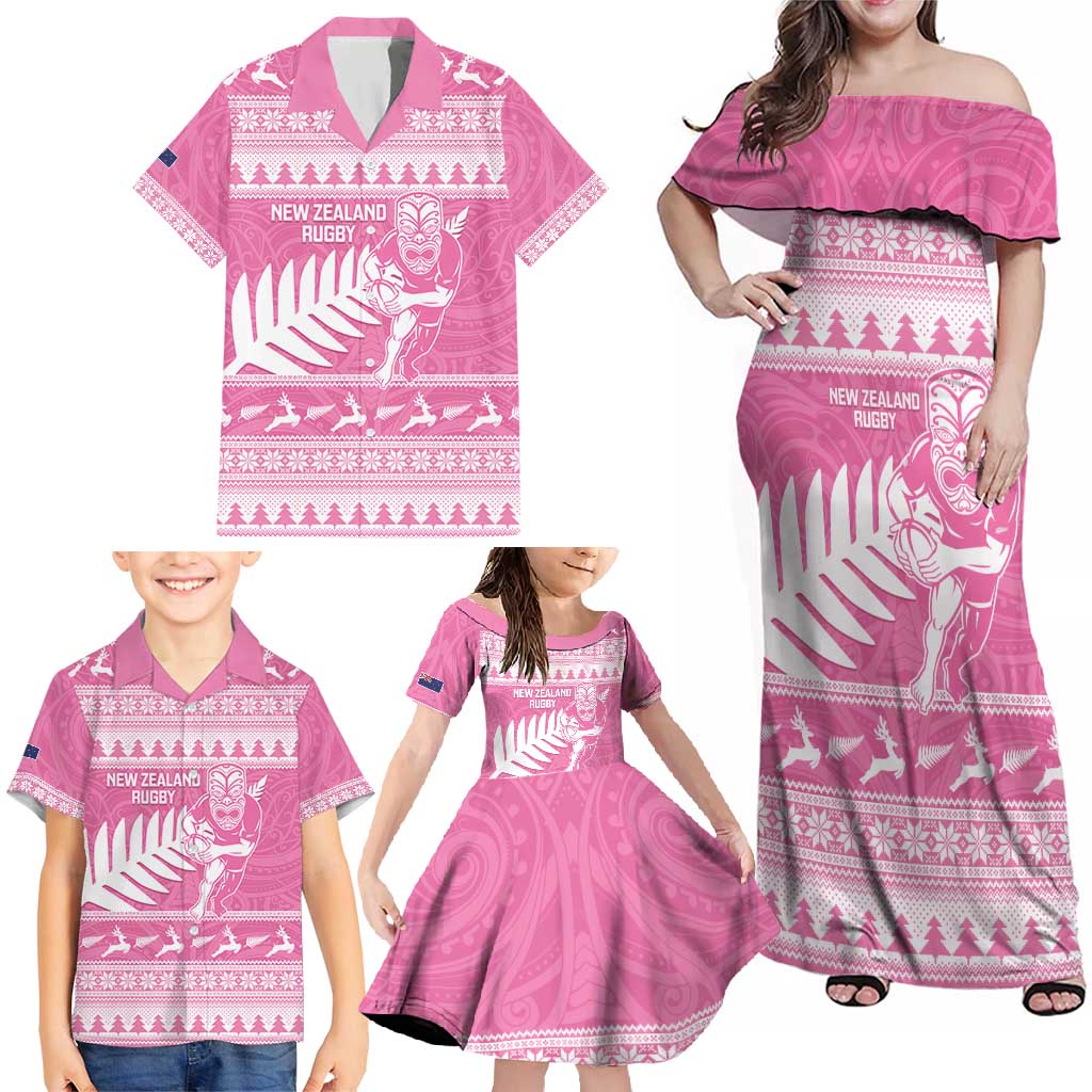 New Zealand Christmas Rugby Personalised Family Matching Off Shoulder Maxi Dress and Hawaiian Shirt Meri Kirihimete All Black Maori Pink Version - Polynesian Pride
