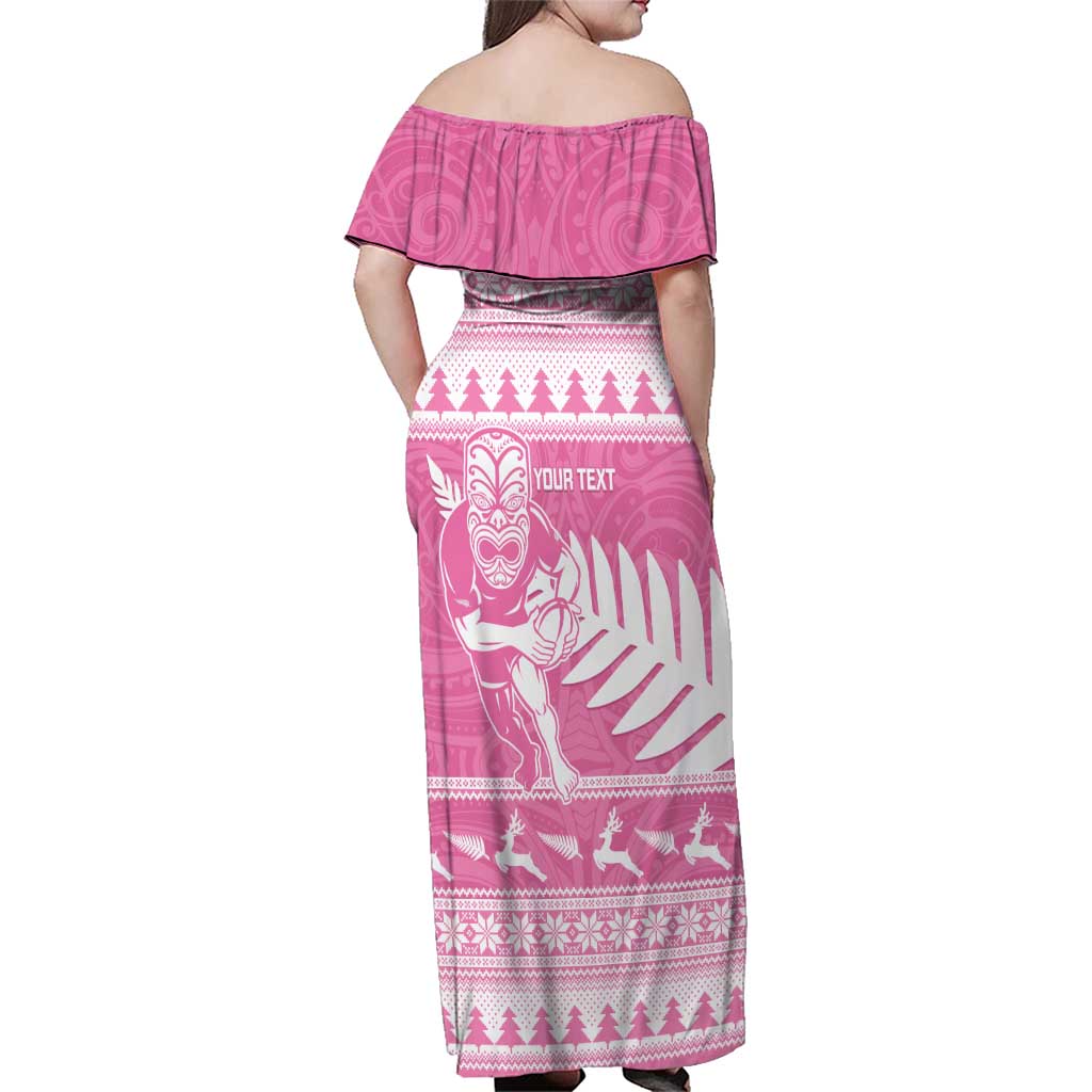 New Zealand Christmas Rugby Personalised Family Matching Off Shoulder Maxi Dress and Hawaiian Shirt Meri Kirihimete All Black Maori Pink Version - Polynesian Pride