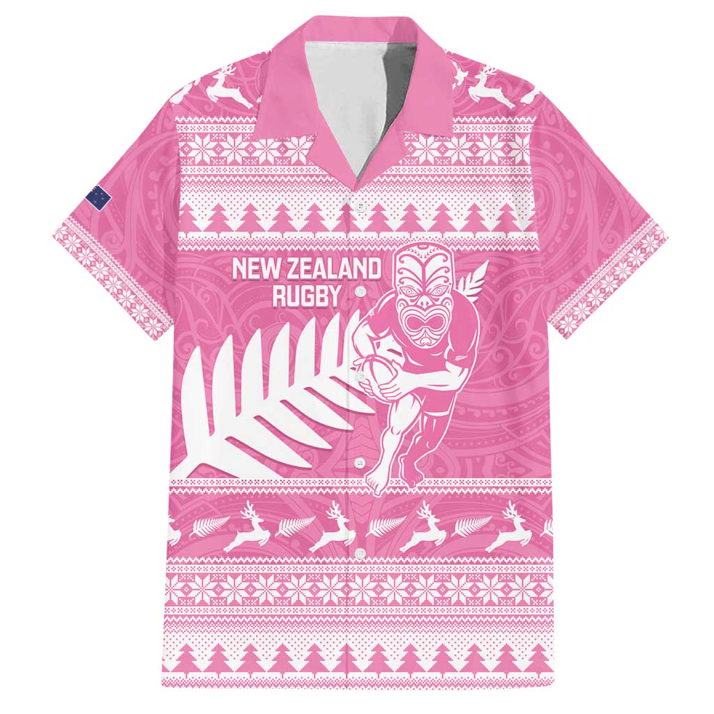 New Zealand Christmas Rugby Personalised Family Matching Off Shoulder Short Dress and Hawaiian Shirt Meri Kirihimete All Black Maori Pink Version - Polynesian Pride