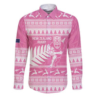 New Zealand Christmas Rugby Personalised Family Matching Off Shoulder Short Dress and Hawaiian Shirt Meri Kirihimete All Black Maori Pink Version - Polynesian Pride