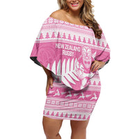 New Zealand Christmas Rugby Personalised Family Matching Off Shoulder Short Dress and Hawaiian Shirt Meri Kirihimete All Black Maori Pink Version - Polynesian Pride