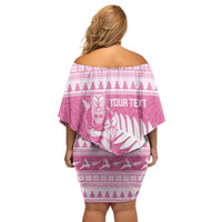 New Zealand Christmas Rugby Personalised Family Matching Off Shoulder Short Dress and Hawaiian Shirt Meri Kirihimete All Black Maori Pink Version - Polynesian Pride