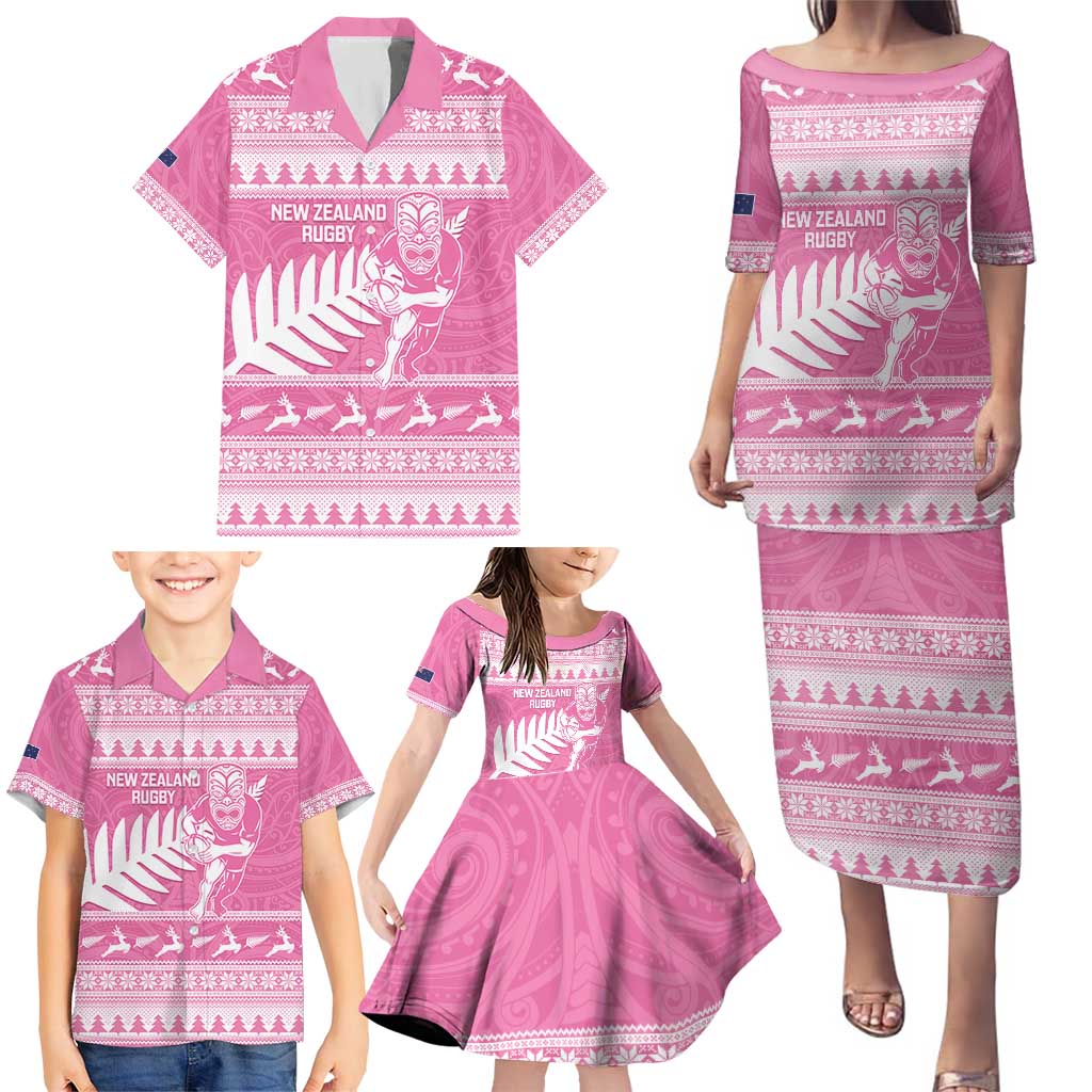 New Zealand Christmas Rugby Personalised Family Matching Puletasi and Hawaiian Shirt Meri Kirihimete All Black Maori Pink Version - Polynesian Pride