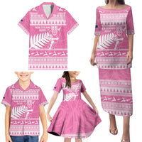 New Zealand Christmas Rugby Personalised Family Matching Puletasi and Hawaiian Shirt Meri Kirihimete All Black Maori Pink Version - Polynesian Pride