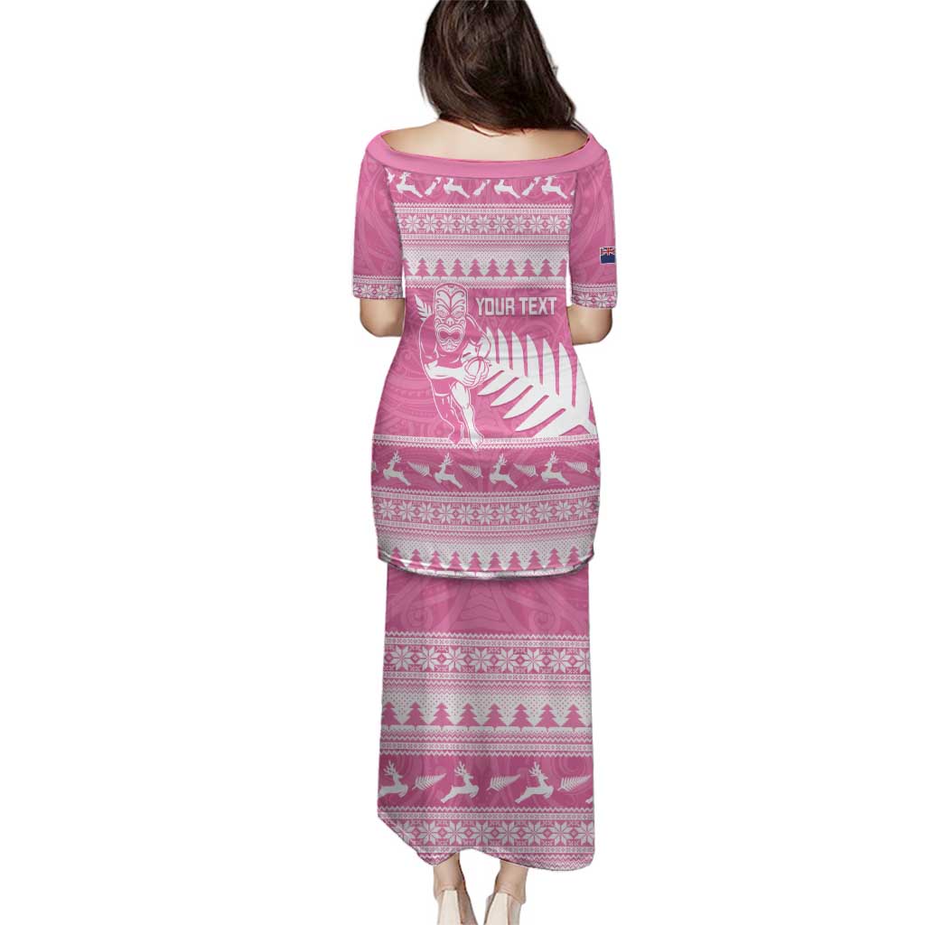 New Zealand Christmas Rugby Personalised Family Matching Puletasi and Hawaiian Shirt Meri Kirihimete All Black Maori Pink Version - Polynesian Pride