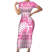 New Zealand Christmas Rugby Personalised Family Matching Short Sleeve Bodycon Dress and Hawaiian Shirt Meri Kirihimete All Black Maori Pink Version - Polynesian Pride
