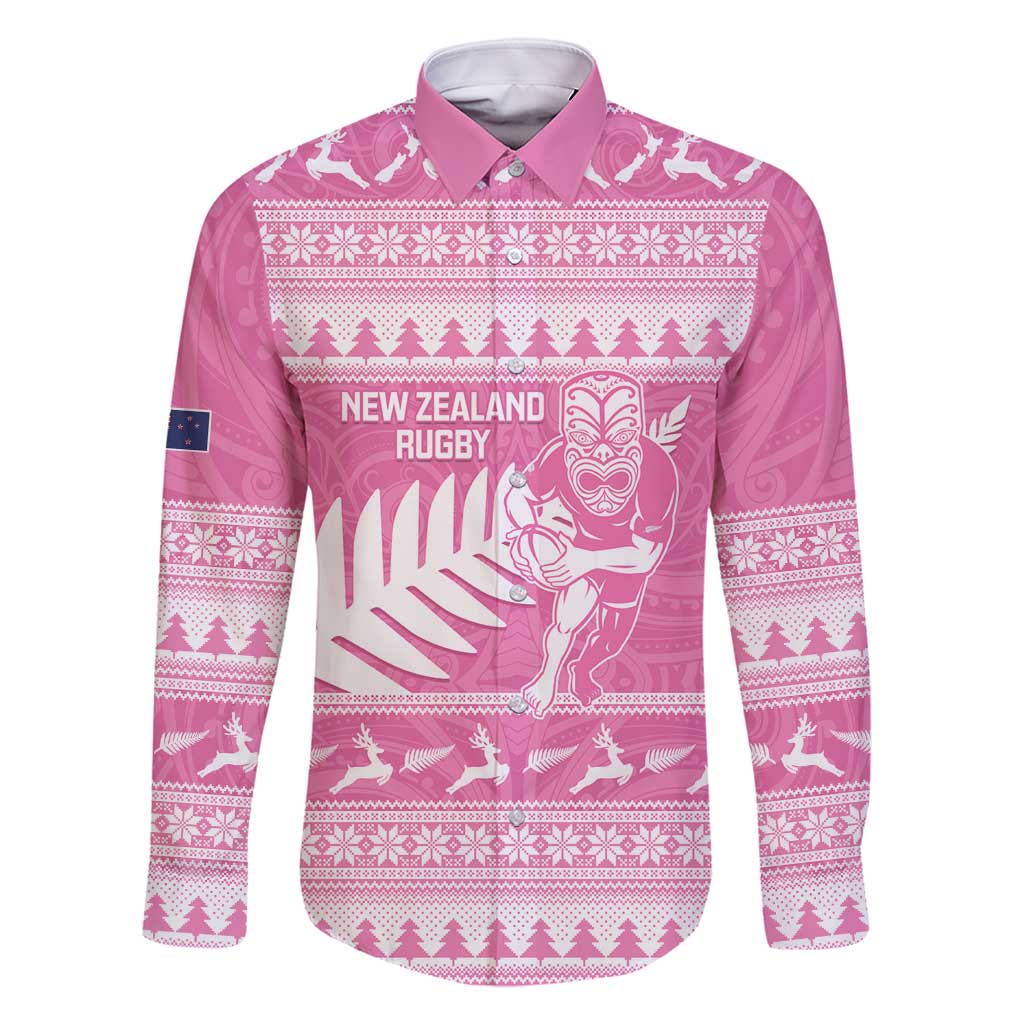 New Zealand Christmas Rugby Personalised Family Matching Summer Maxi Dress and Hawaiian Shirt Meri Kirihimete All Black Maori Pink Version - Polynesian Pride