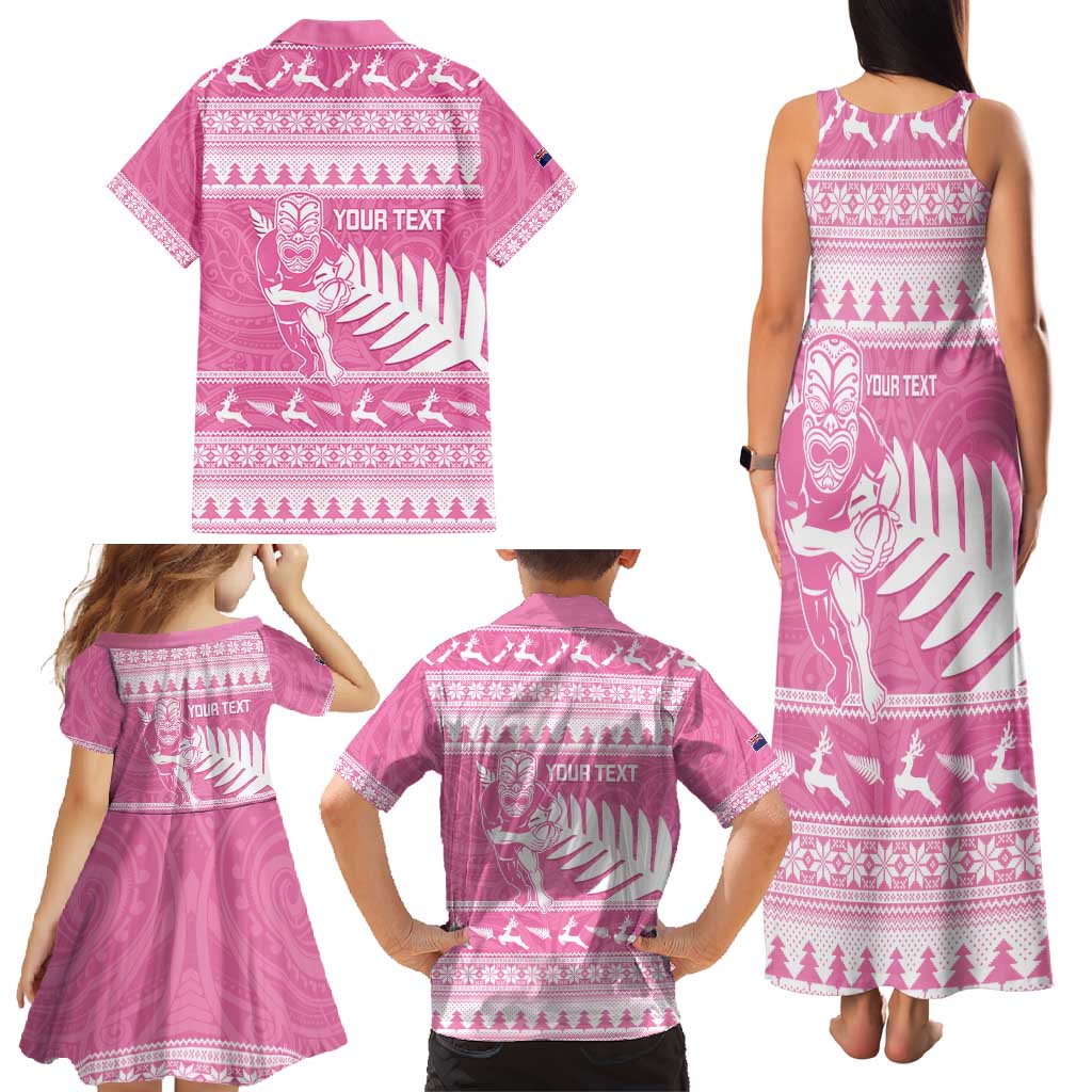 New Zealand Christmas Rugby Personalised Family Matching Tank Maxi Dress and Hawaiian Shirt Meri Kirihimete All Black Maori Pink Version - Polynesian Pride