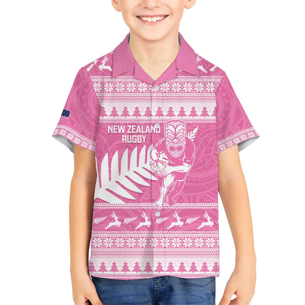 New Zealand Christmas Rugby Personalised Hawaiian Shirt Meri Kirihimete All Black Maori Pink Version - Polynesian Pride