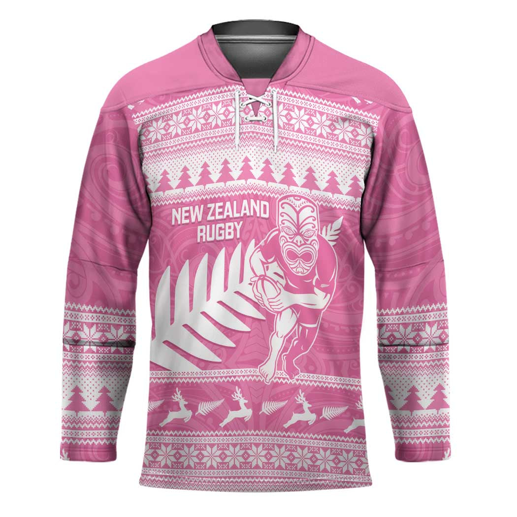 New Zealand Christmas Rugby Personalised Hockey Jersey Meri Kirihimete All Black Maori Pink Version - Polynesian Pride