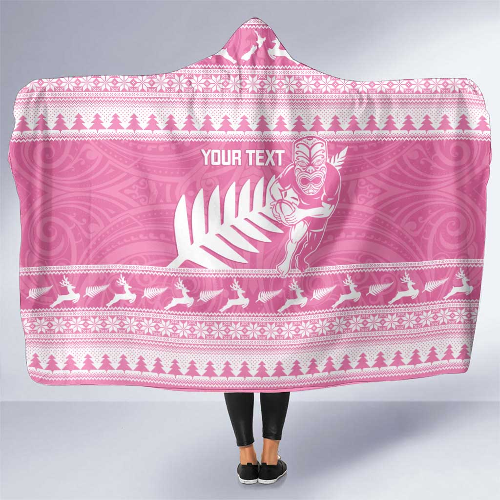 New Zealand Christmas Rugby Personalised Hooded Blanket Meri Kirihimete All Black Maori Pink Version - Polynesian Pride