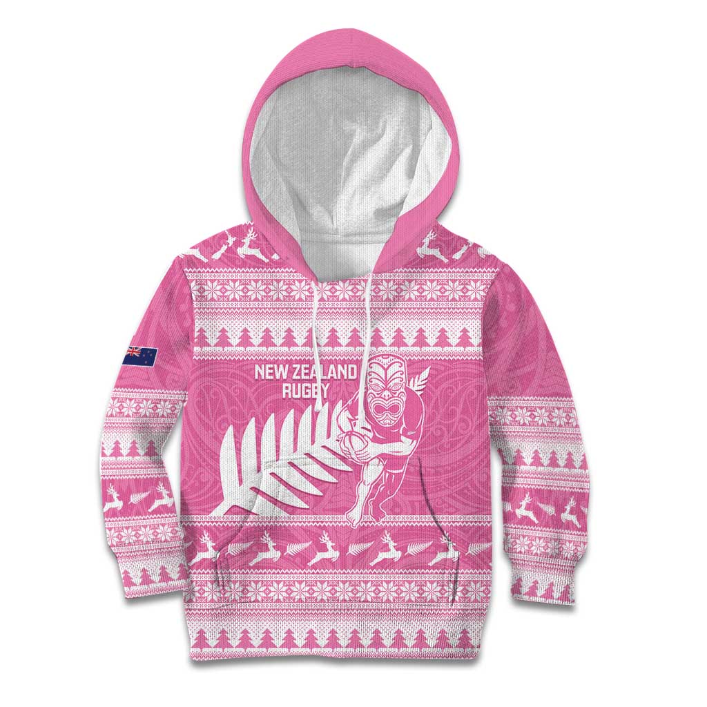 New Zealand Christmas Rugby Personalised Kid Hoodie Meri Kirihimete All Black Maori Pink Version - Polynesian Pride