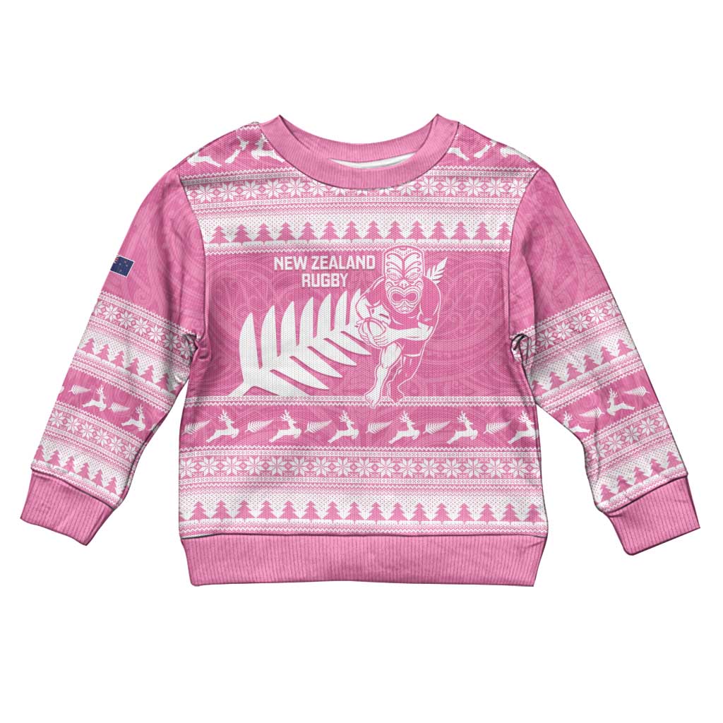 New Zealand Christmas Rugby Personalised Kid Ugly Christmas Sweater Meri Kirihimete All Black Maori Pink Version - Polynesian Pride