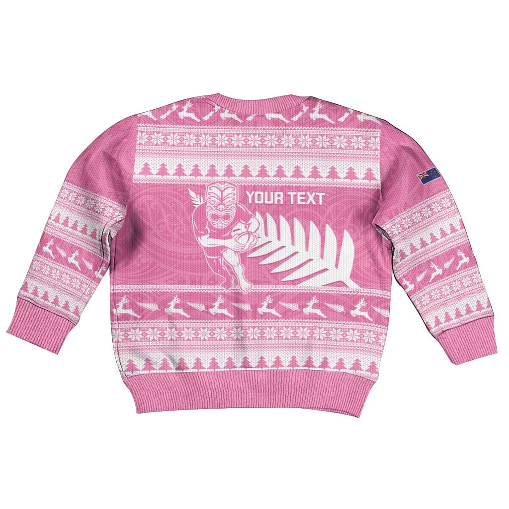 New Zealand Christmas Rugby Personalised Kid Ugly Christmas Sweater Meri Kirihimete All Black Maori Pink Version - Polynesian Pride