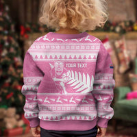New Zealand Christmas Rugby Personalised Kid Ugly Christmas Sweater Meri Kirihimete All Black Maori Pink Version - Polynesian Pride