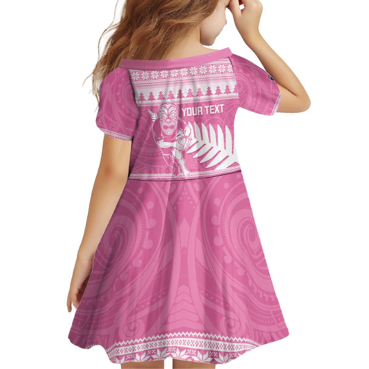 New Zealand Christmas Rugby Personalised Kid Short Sleeve Dress Meri Kirihimete All Black Maori Pink Version - Polynesian Pride