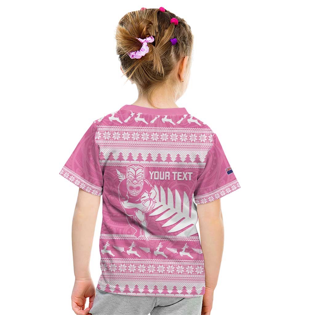 New Zealand Christmas Rugby Personalised Kid T Shirt Meri Kirihimete All Black Maori Pink Version - Polynesian Pride