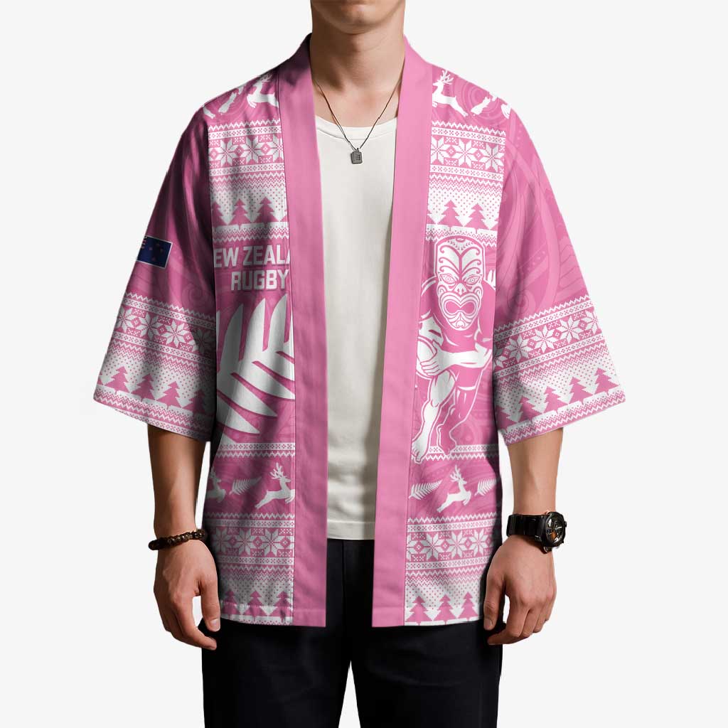 New Zealand Christmas Rugby Personalised Kimono Meri Kirihimete All Black Maori Pink Version - Polynesian Pride