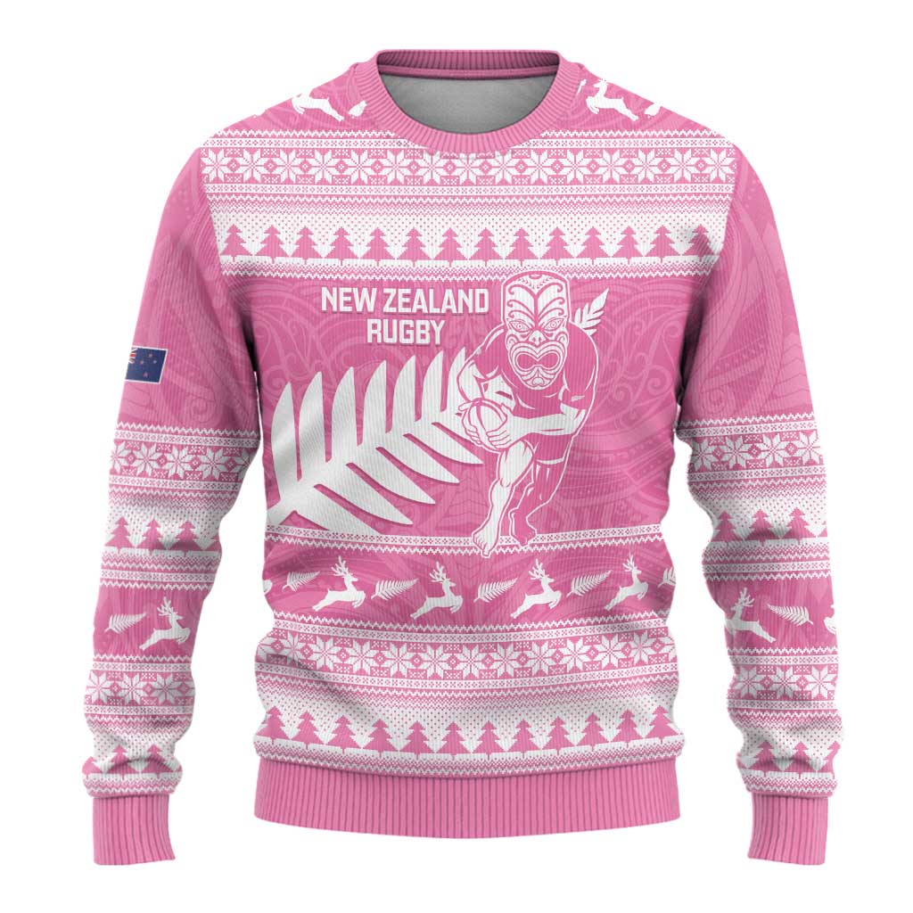New Zealand Christmas Rugby Personalised Ugly Christmas Sweater Meri Kirihimete All Black Maori Pink Version - Polynesian Pride