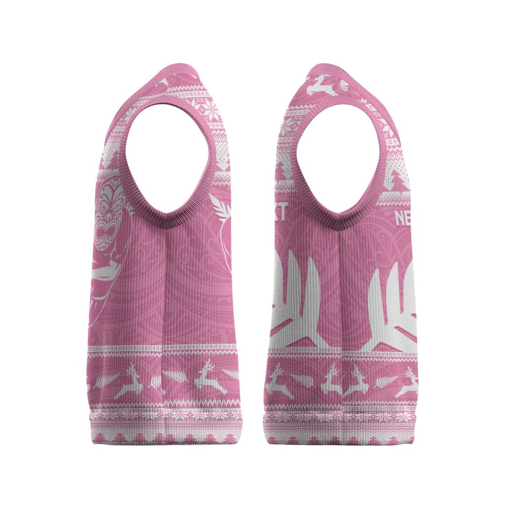 New Zealand Christmas Rugby Personalised Christmas Knitted V-Neck Vest Meri Kirihimete All Black Maori Pink Version - Polynesian Pride