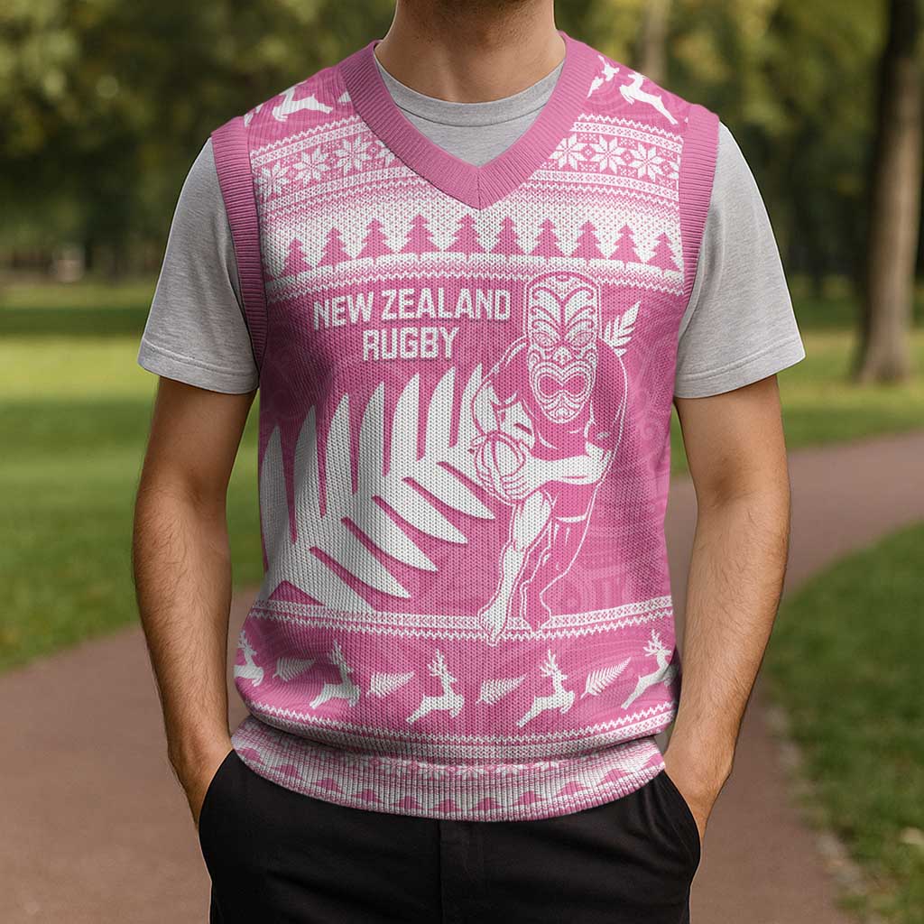 New Zealand Christmas Rugby Personalised Christmas Knitted V-Neck Vest Meri Kirihimete All Black Maori Pink Version - Polynesian Pride
