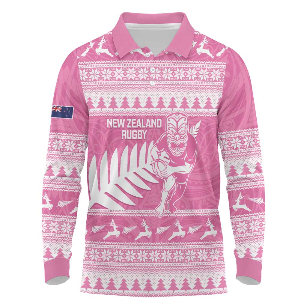 New Zealand Christmas Rugby Personalised Long Sleeve Polo Shirt Meri Kirihimete All Black Maori Pink Version - Polynesian Pride