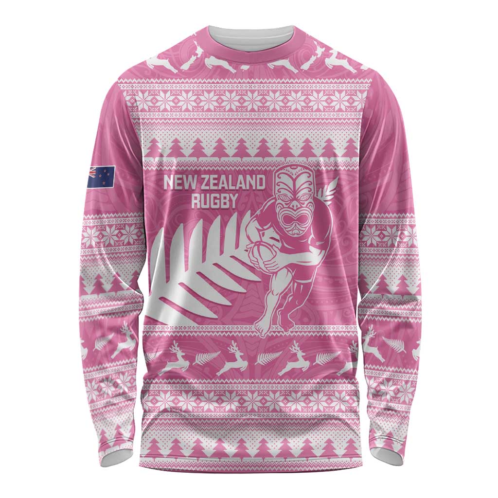 New Zealand Christmas Rugby Personalised Long Sleeve Shirt Meri Kirihimete All Black Maori Pink Version - Polynesian Pride