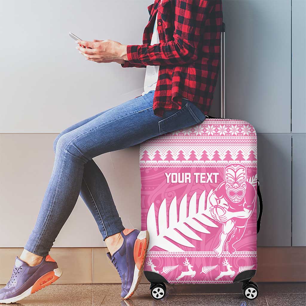 New Zealand Christmas Rugby Personalised Luggage Cover Meri Kirihimete All Black Maori Pink Version - Polynesian Pride