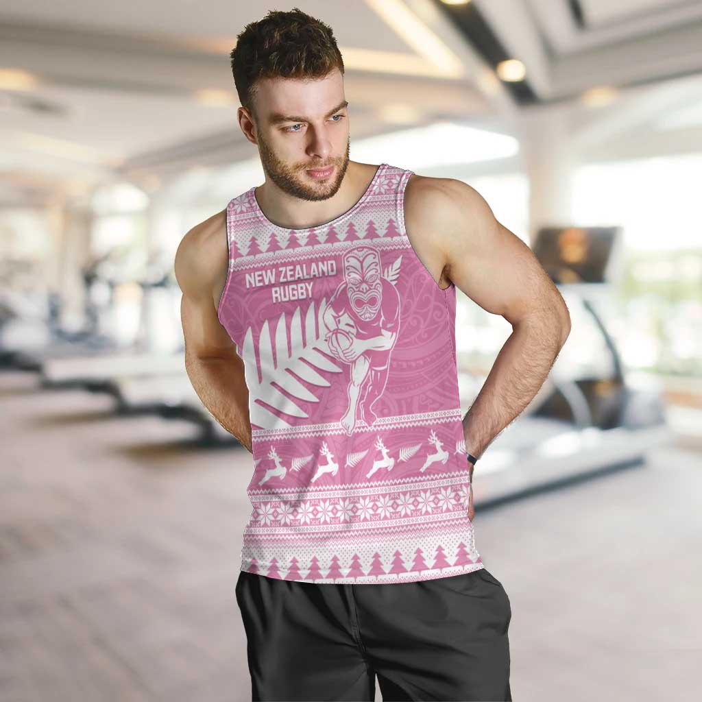 New Zealand Christmas Rugby Personalised Men Tank Top Meri Kirihimete All Black Maori Pink Version - Polynesian Pride