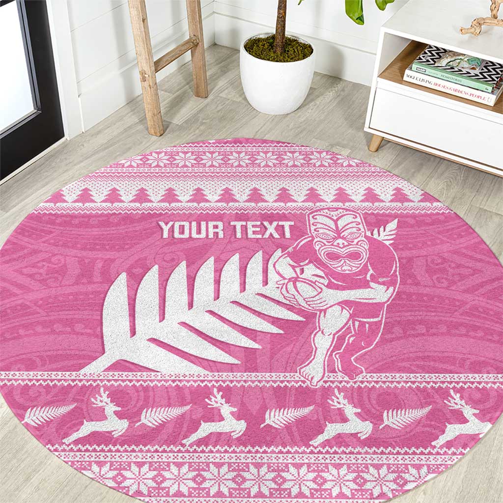 New Zealand Christmas Rugby Personalised Round Carpet Meri Kirihimete All Black Maori Pink Version - Polynesian Pride
