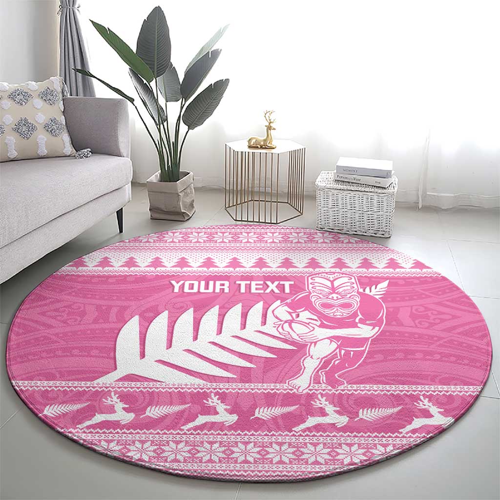 New Zealand Christmas Rugby Personalised Round Carpet Meri Kirihimete All Black Maori Pink Version - Polynesian Pride