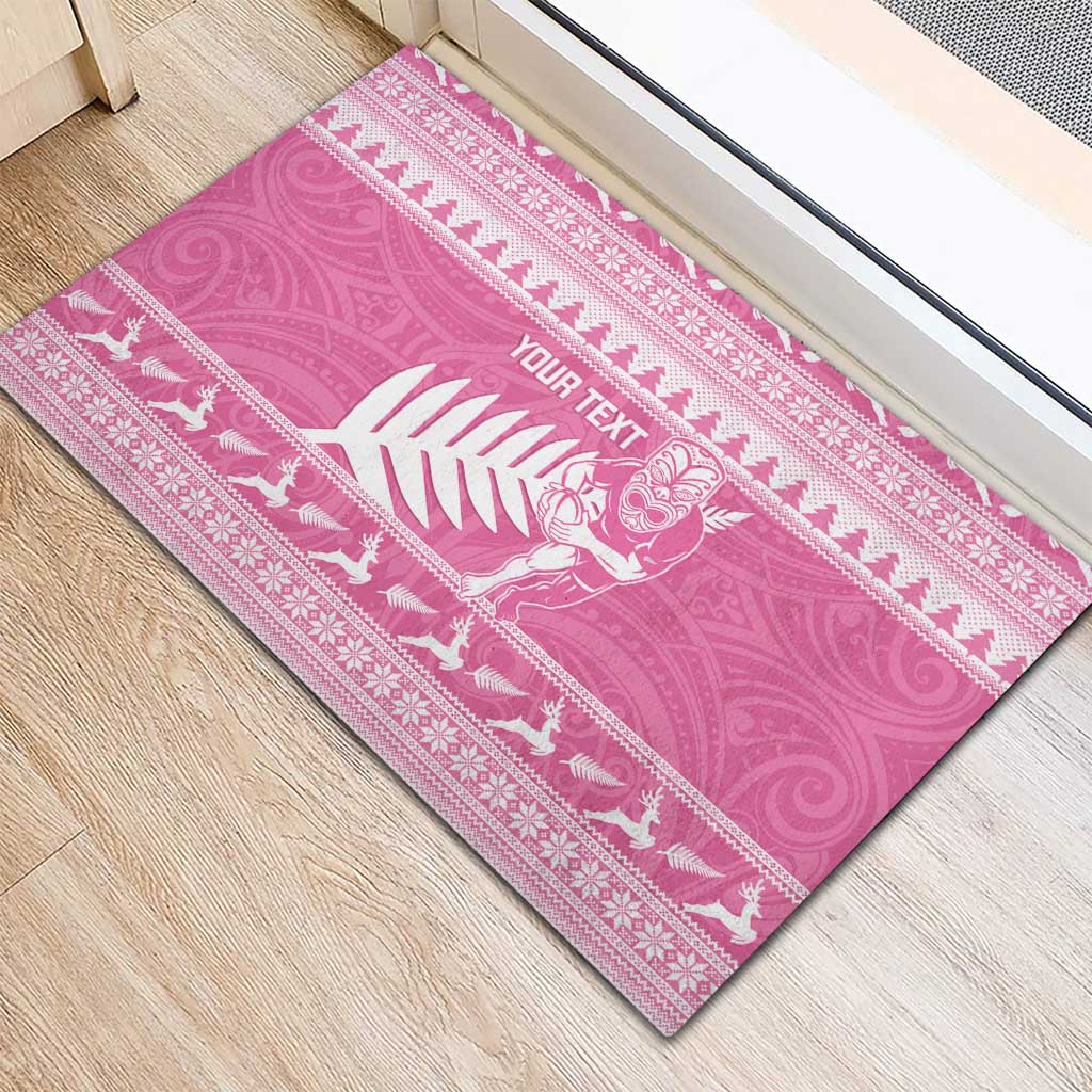 New Zealand Christmas Rugby Personalised Rubber Doormat Meri Kirihimete All Black Maori Pink Version - Polynesian Pride