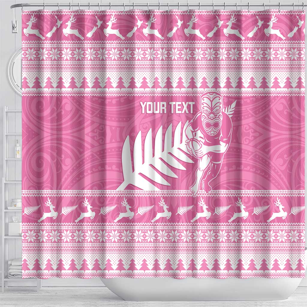 New Zealand Christmas Rugby Personalised Shower Curtain Meri Kirihimete All Black Maori Pink Version - Polynesian Pride