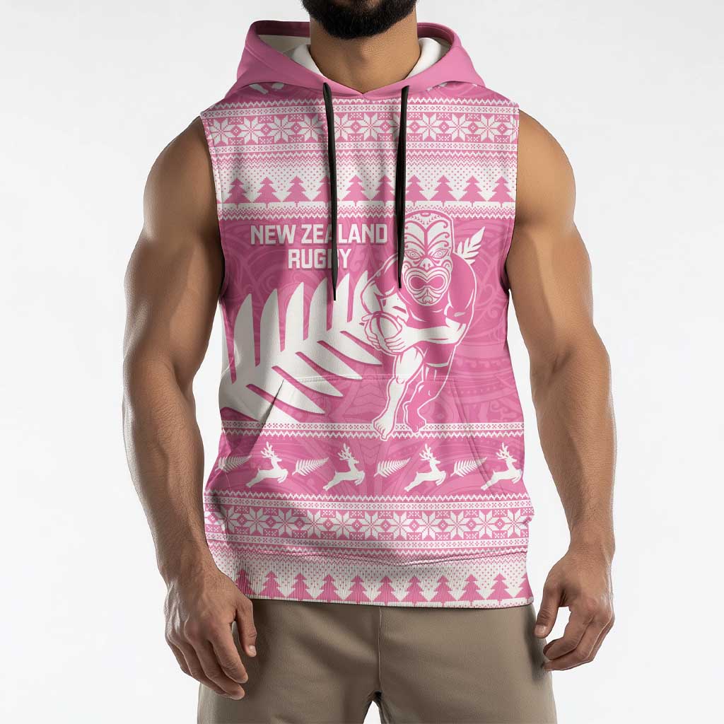 New Zealand Christmas Rugby Personalised Sleeveless Hoodie Meri Kirihimete All Black Maori Pink Version - Polynesian Pride