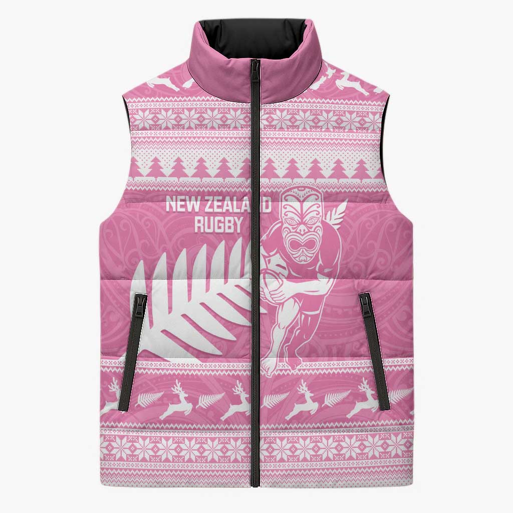 New Zealand Christmas Rugby Personalised Sleeveless Puffer Jacket Meri Kirihimete All Black Maori Pink Version - Polynesian Pride
