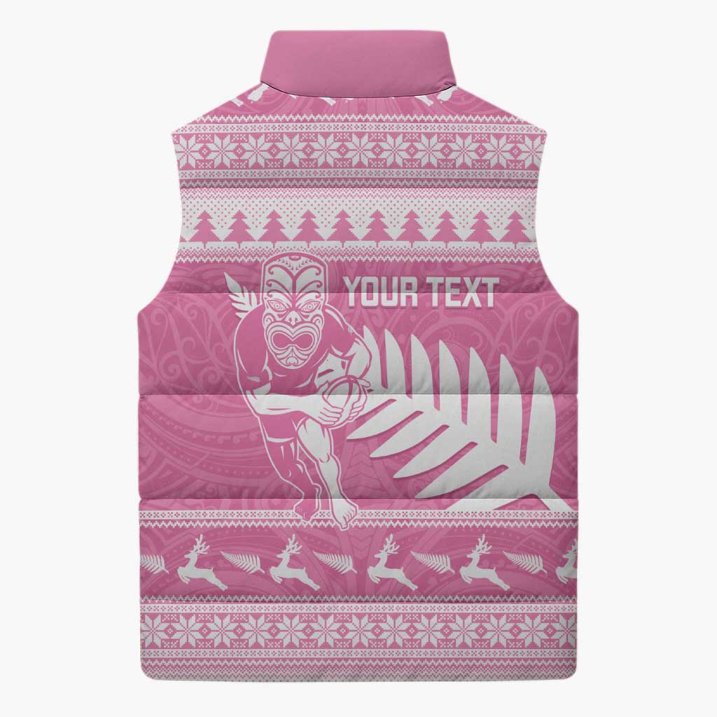 New Zealand Christmas Rugby Personalised Sleeveless Puffer Jacket Meri Kirihimete All Black Maori Pink Version - Polynesian Pride