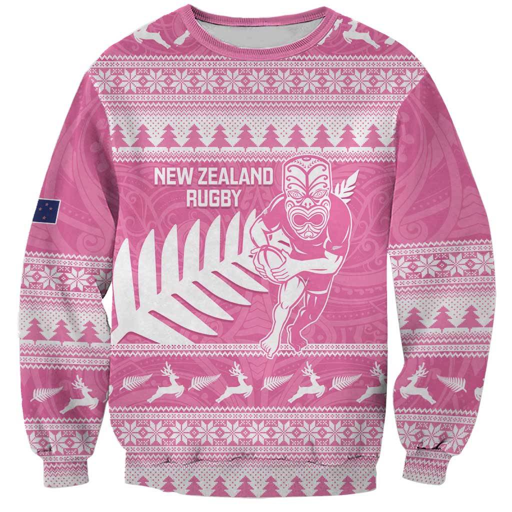 New Zealand Christmas Rugby Personalised Sweatshirt Meri Kirihimete All Black Maori Pink Version - Polynesian Pride