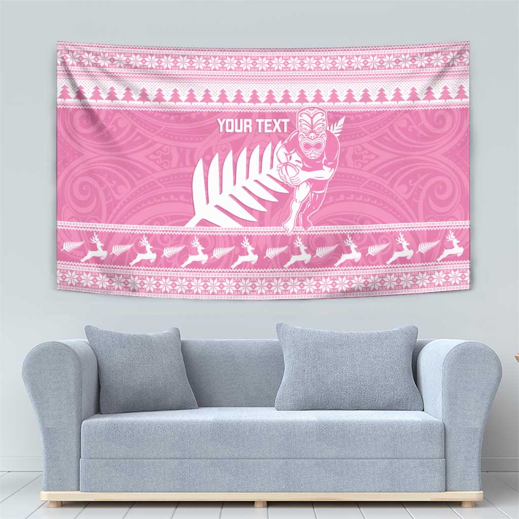 New Zealand Christmas Rugby Personalised Tapestry Meri Kirihimete All Black Maori Pink Version - Polynesian Pride