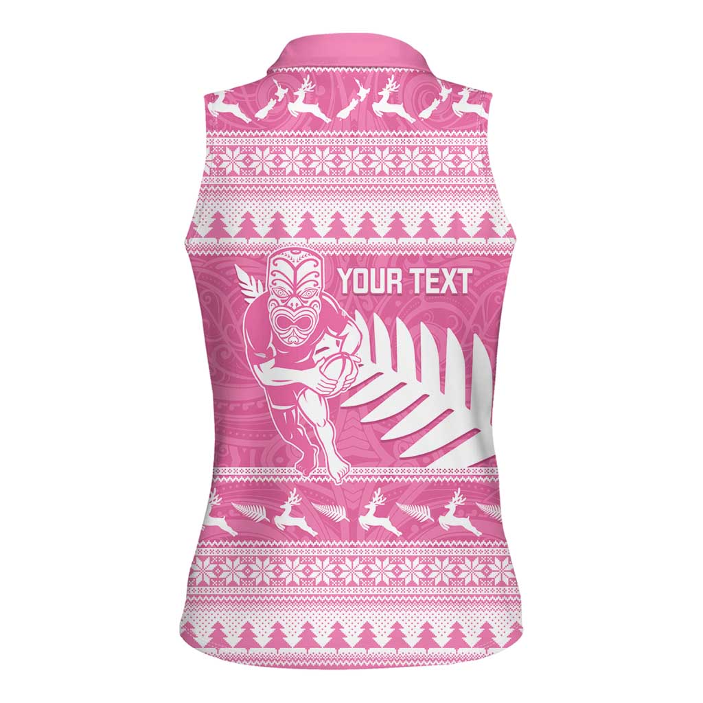 New Zealand Christmas Rugby Personalised Women Sleeveless Polo Shirt Meri Kirihimete All Black Maori Pink Version - Polynesian Pride