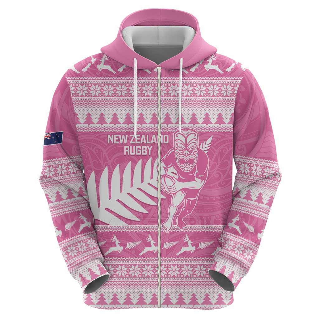 New Zealand Christmas Rugby Personalised Zip Hoodie Meri Kirihimete All Black Maori Pink Version - Polynesian Pride