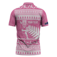 New Zealand Christmas Rugby Personalised Zipper Polo Shirt Meri Kirihimete All Black Maori Pink Version - Polynesian Pride