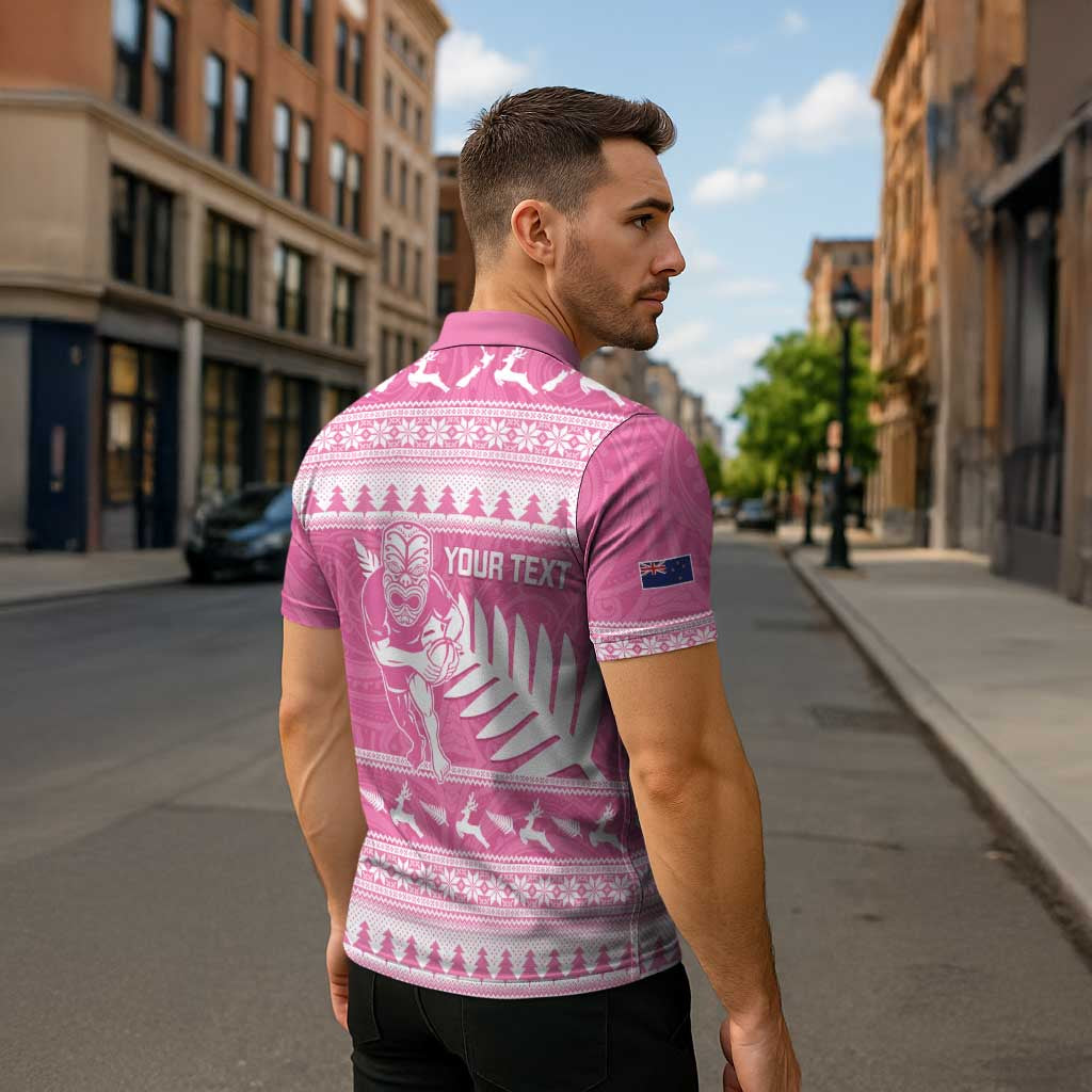 New Zealand Christmas Rugby Personalised Zipper Polo Shirt Meri Kirihimete All Black Maori Pink Version - Polynesian Pride