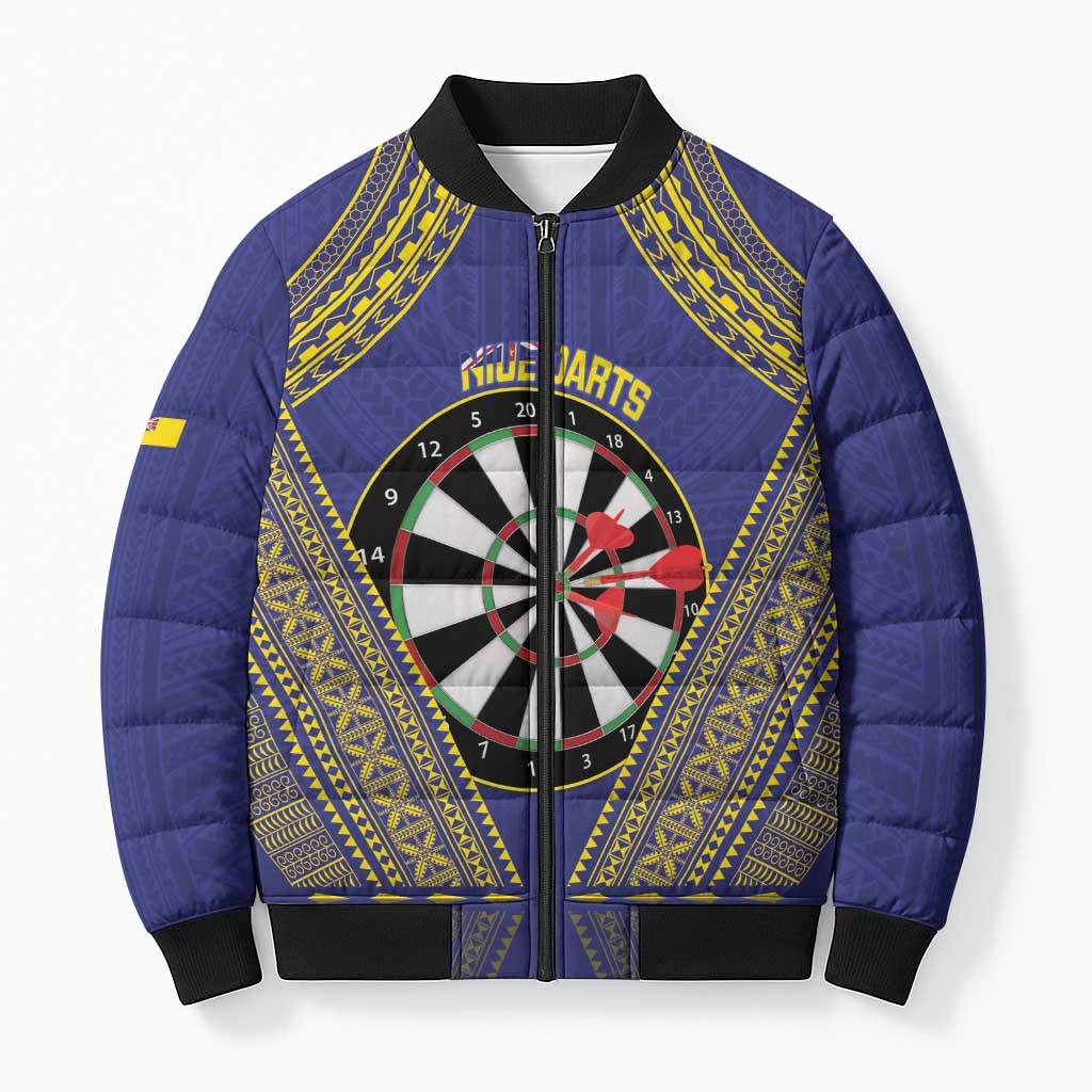 Personalised Niue Darts Bomber Puffer Jacket Dart Board Hiapo Pattern - Polynesian Pride