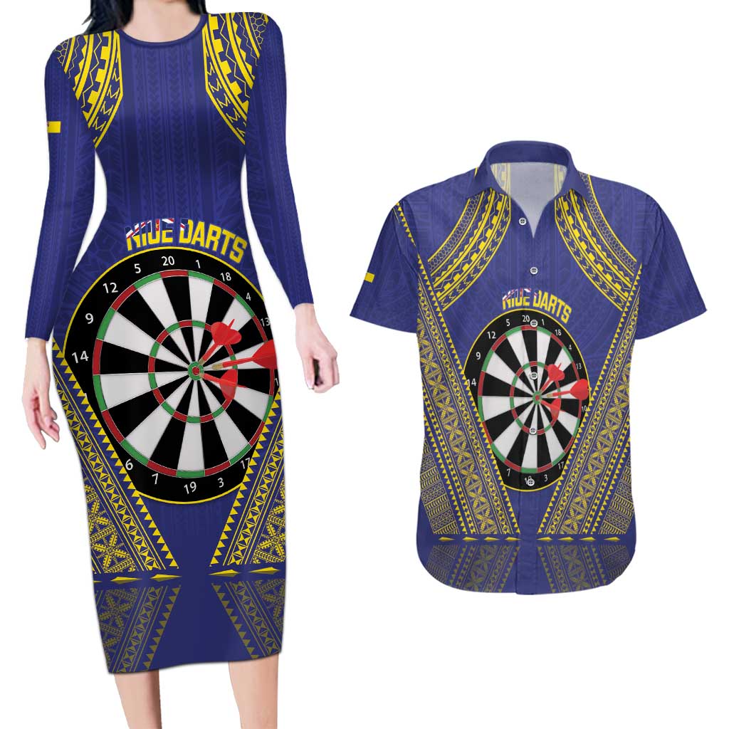 Personalised Niue Darts Couples Matching Long Sleeve Bodycon Dress and Hawaiian Shirt Dart Board Hiapo Pattern - Polynesian Pride