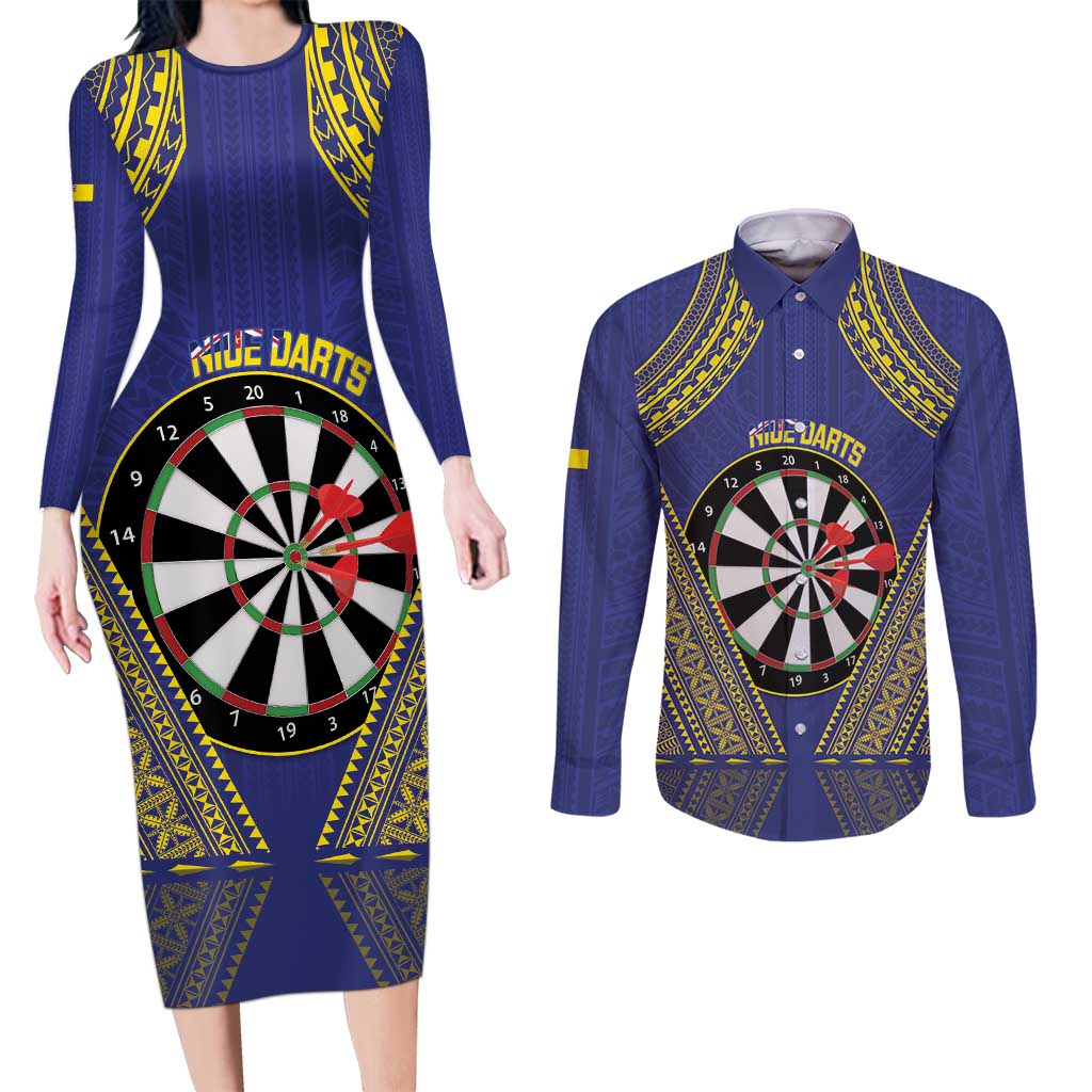 Personalised Niue Darts Couples Matching Long Sleeve Bodycon Dress and Long Sleeve Button Shirt Dart Board Hiapo Pattern LT14 Blue - Polynesian Pride